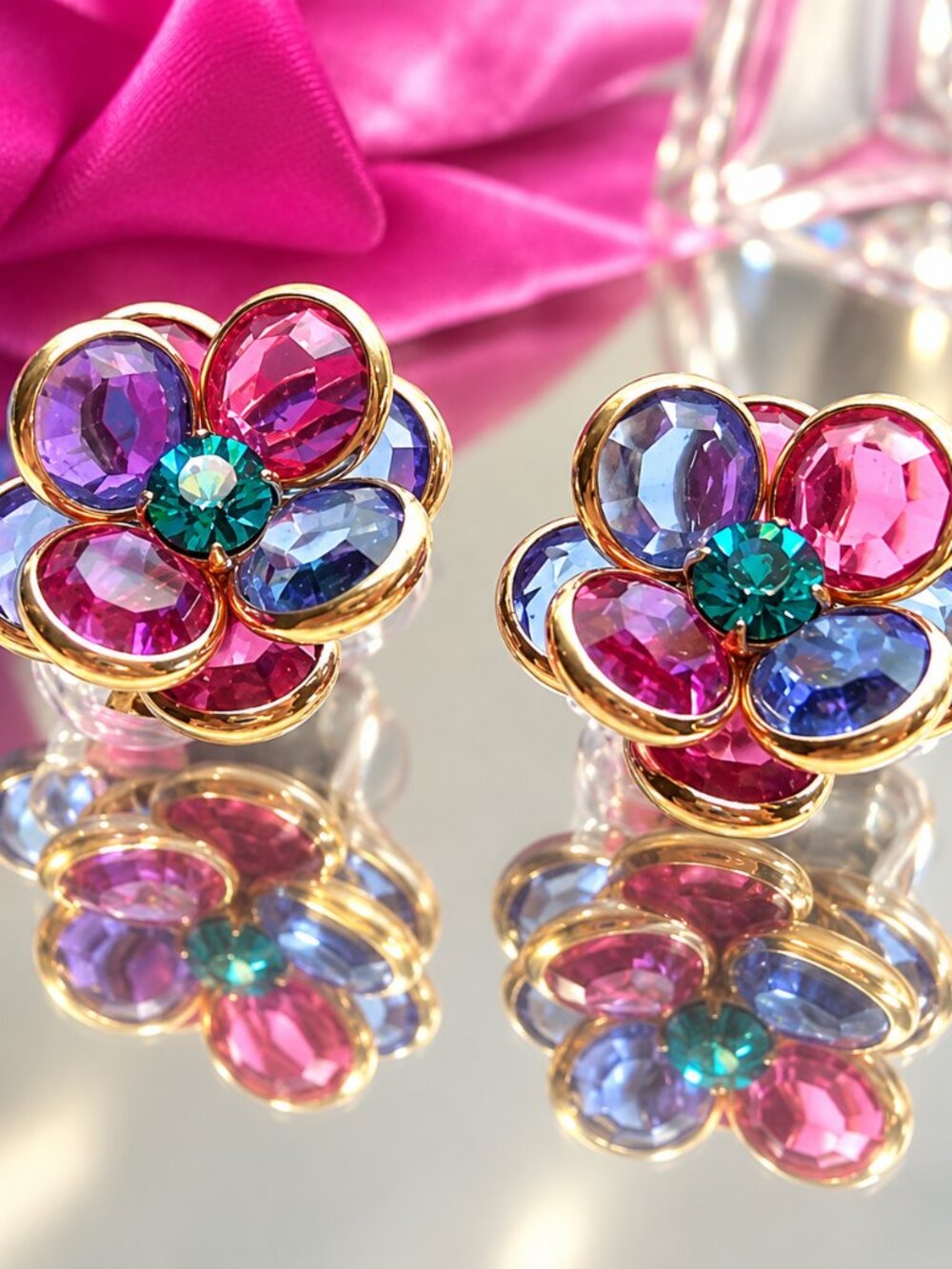 1970s Vintage Swarovski Crystal Earrings Petite Pink Blue Flowers